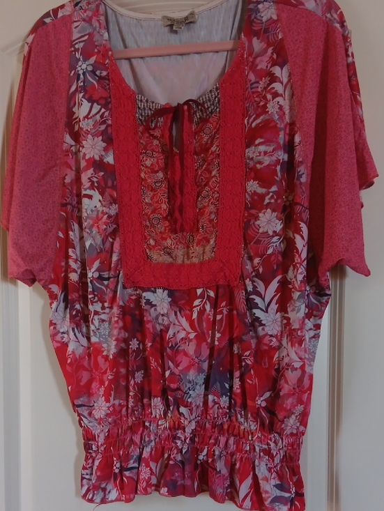 ONE WORLD Tops - ONE WORLD Floral Tie-Front Blouse in Coral and Pink